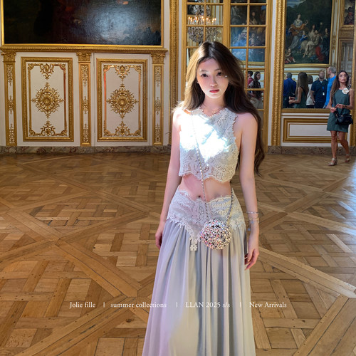 你的懒懒llan【卢浮幻境】优雅甜美精致睫毛蕾丝上衣+长裙套装女 - 图1