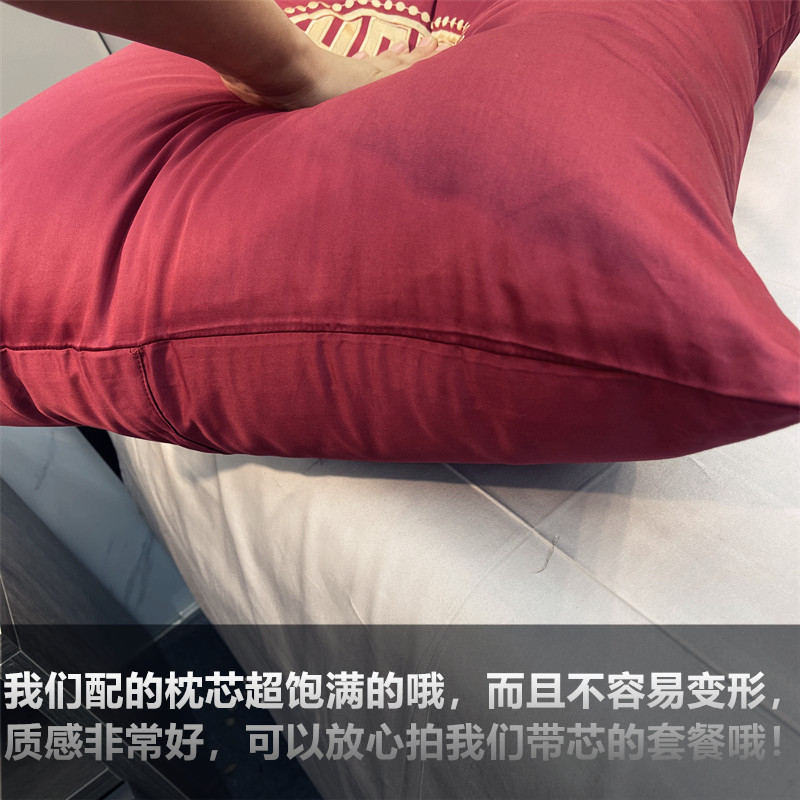 100支长绒棉酒红靠垫婚庆纯棉刺绣抱枕套结婚床品60*60CM45*45CM