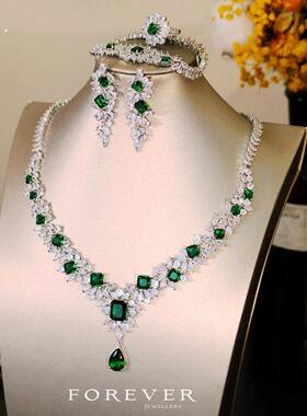 欧美奢华优雅婚纱水滴锆石配件连衣裙项炼耳环祖母绿戒指手镯四件