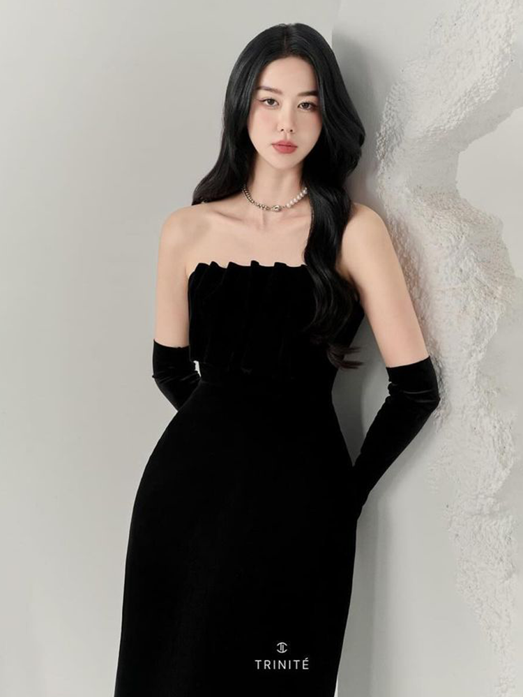 ZS名品越南设计师 Trinite抹胸露肩高腰修身显瘦气质名媛连衣裙-图0