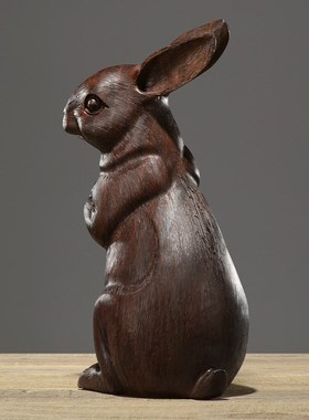 黑檀木雕兔子摆件实木雕刻可爱生肖兔家居摆设商务乔迁开业送礼品