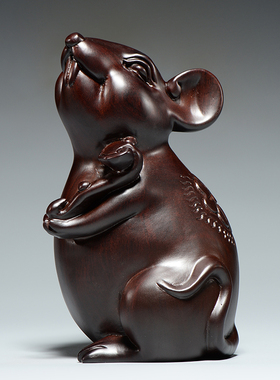 黑檀木雕老鼠摆件实木十二生肖木制鼠家居客厅办公桌面装饰工艺品