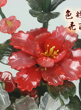 纯手工玉石花瓶摆件牡丹花中式工艺品乔迁客厅电视柜盆景送礼饰品