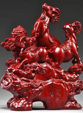 红色三羊开泰摆件实木雕刻三阳开泰十二生肖羊家居玄关补角装饰品