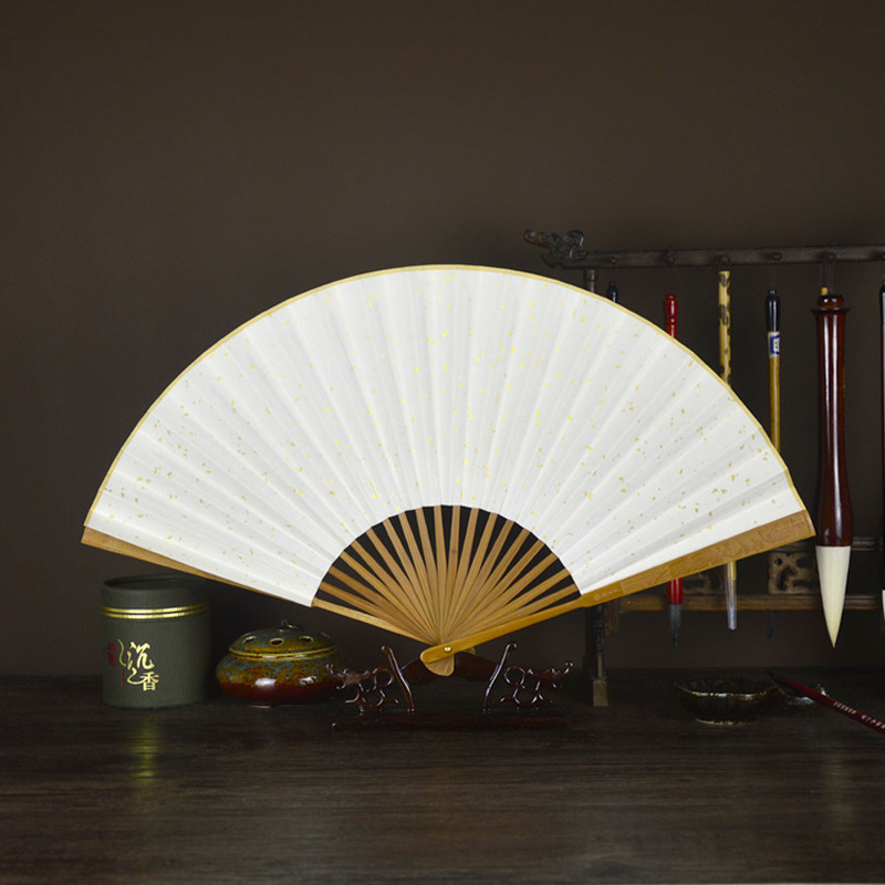 Chinese style empty white painting fan folding fan men's and women's style calligraphy creation pastel white sprinkled gold rice paper folding fan fan