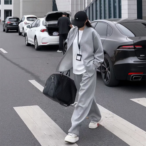 春秋季慵懒风套装男女潮流开衫宽松休闲外套大码时尚老钱风时尚装 - 图0