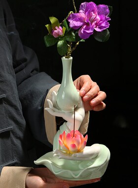陶瓷佛手花瓶花插摆件家用线香插禅意莲花家居室内博古架装饰摆设
