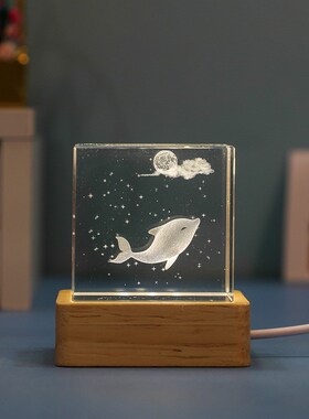 水晶方体内雕摆件3D立体海豚海星水母立方体工艺品小夜灯摆件