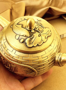 创意黄铜小茶壶把把壶手把件工艺品客厅书房网红酒壶茶壶铜壶摆件