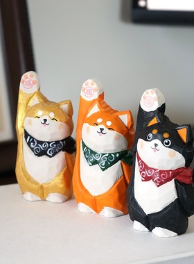 来福招福柴犬手工木雕小摆件招财猫咪治愈办公室工位装饰礼物