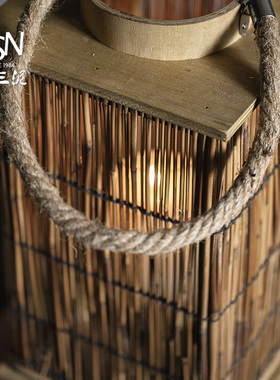 御三泥木质手提灯笼绳编竹编烛台夜灯烛光晚餐厅乡村摆件拍照道具