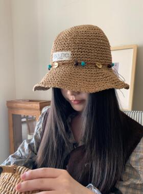 韩版草编大檐草帽女夏季蝴蝶结彩珠文艺慵懒感海边度假遮阳渔夫帽