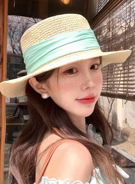 法式绿色织带渔夫帽女2026新款夏季遮阳防晒帽子海边度假出游草帽