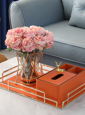 北欧皮革托盘长方形家用客厅茶几轻奢金属收纳盘样板间软装饰摆件