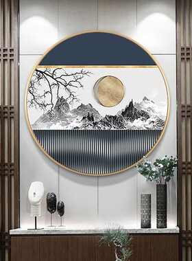新中式客厅沙发背景墙挂画空谷幽兰圆形玄关装饰画高级感晶瓷画