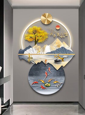 流水生财山水画玄关带灯装饰画入户门正对墙挂画客厅走廊过道壁灯