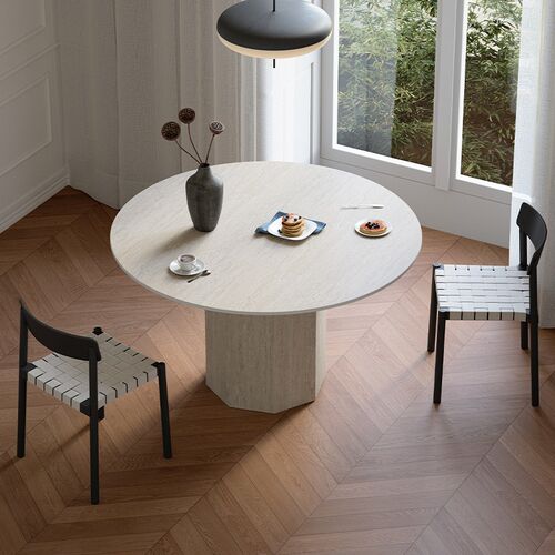 蒂诺莎 洞石岩板餐桌小户型家用圆桌中古风桌子法式奶油风岩白桌 - 图2