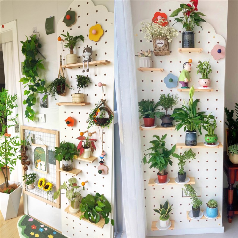 Perforated board storage rack custom solid wood wall flower rack balcony space utilization artifact succulent green plant storage rack