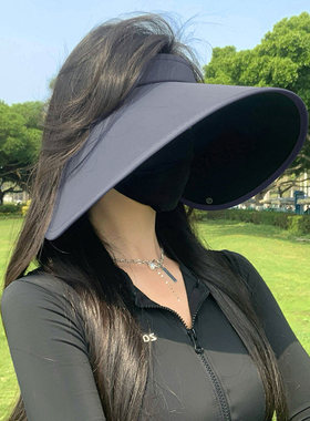 大帽檐防晒帽女夏丝绒黑胶防紫外线遮阳帽骑车护颈一体空顶太阳帽
