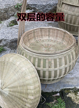 竹编大号提篮双层提篮带盖野餐提篮大容量拜山篮家用精编水果菜篮
