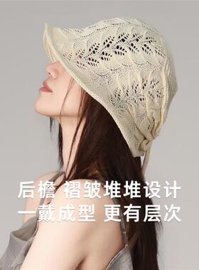 日系手工针织2026新款渔夫帽女春夏大头文艺风褶皱透气遮阳盆帽潮