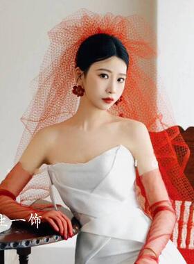韩式新娘结婚长头纱主婚纱求婚领证影楼跟妆写真多层硬网蓬蓬红纱