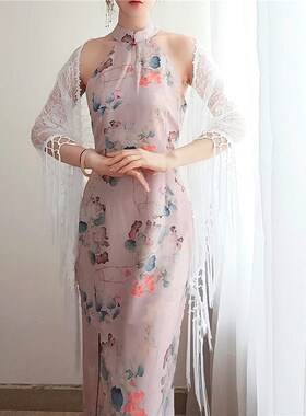 蕾丝旗袍披肩三角巾围巾长款女复古民国风手工流苏春夏秋黑色白色
