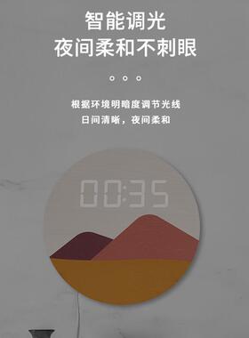 中式钟表挂钟客厅家用时尚2022新款数字挂墙装饰水墨山水电子时钟