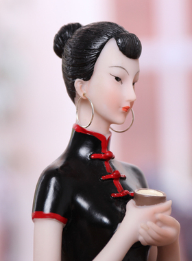 中式人物书架仕女工艺品家居办公室博古架装饰品禅意品茶女小摆件