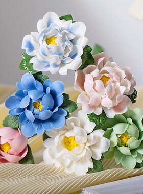 陶瓷手捏瓷花牡丹中式艺术荷花摆件家居室内装饰品酒店花瓶插花卉