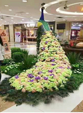 大型招财花艺绢花插花孔雀凤凰模型摆件售楼部珠宝店商场玻璃钢