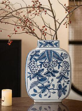 宋式陶瓷花瓶青花瓷新中式客厅复古水养鲜花插花装饰品摆件高级感