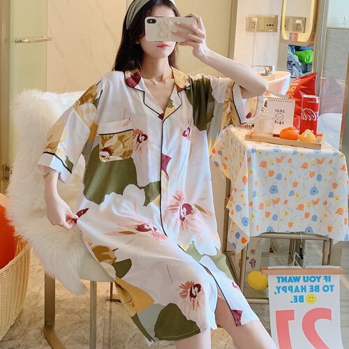 棉绸睡裙女夏短袖男友风衬衫孕妇睡衣人造棉睡衣裙绵绸连衣裙大码 - 图3