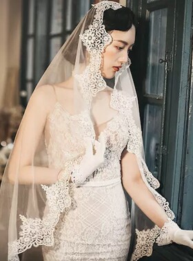 新款复古头纱2019新娘结婚纱头饰长短款头纱软纱韩式拍照蕾丝头纱