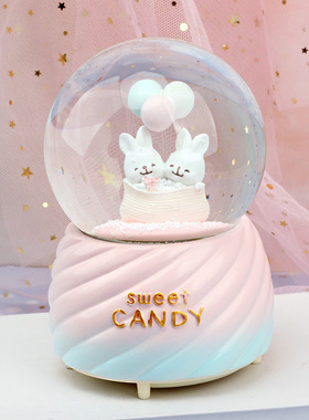 可爱少女心小兔子水晶球摆件飘雪 音乐盒八音盒女生儿童生日礼品
