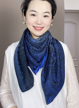 蓝色民族风围巾女2023新款春秋冬季高级感显白棉麻腰果花披肩两用