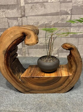根雕香樟木实木树根花架凳子木墩置物架阳台摆件石头底座原木墩