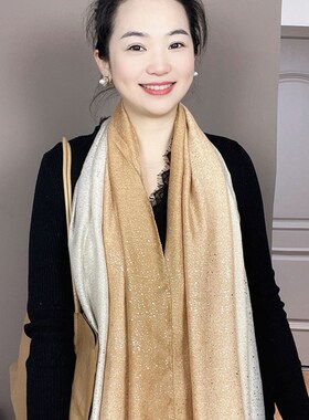 卡其色围巾女2024新款春秋冬季高级感时尚渐变拼色薄棉麻披肩两用