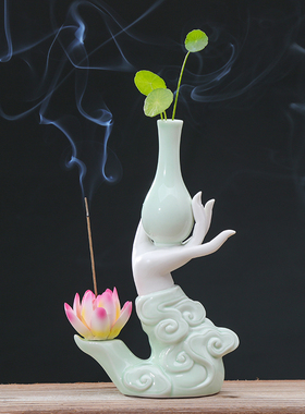 创意陶瓷水培花器禅意佛手莲心家用线香熏炉莲花香插家居装饰摆件