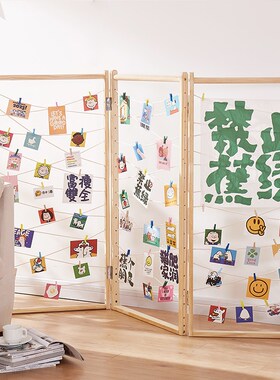照片网格展示架可折叠实木移动幼儿园美术绘画作品照片装饰麻绳款