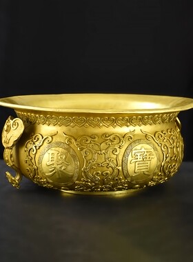 纯铜招财进宝特大号聚宝盆铜香炉居家风水招财摆件柜台工艺品