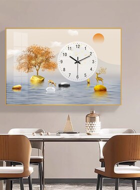 现代轻奢风餐厅晶瓷镶钻款画面装饰画带钟表福禄生辉新款墙壁挂画