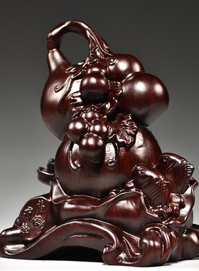 黑檀木雕葫芦摆件福禄有余鱼祝寿送礼品客厅玄关电视柜中式装饰品