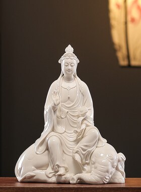 德化陶瓷文殊普贤菩萨一对摆件家用供奉佛堂装饰办公室工艺品摆设