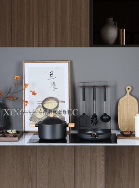 新中式样板房间厨房摆件组合套装砧板花艺展厅软装饰品不锈钢锅具