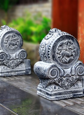 别墅庭院店面大门口摆件石鼓石雕青石仿古门墩抱鼓石一对狮子衔环