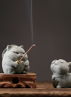 创意侠客小猫钓鱼茶宠摆件可爱小猫咪香插鱼缸盆栽造景桌面装饰品