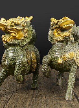 复古铜麒麟摆件一对小黄铜制送子公母火麒麟客厅办公室开业礼品