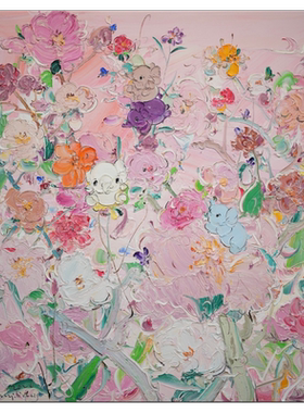 付毅兵手绘粉色小象花卉油画