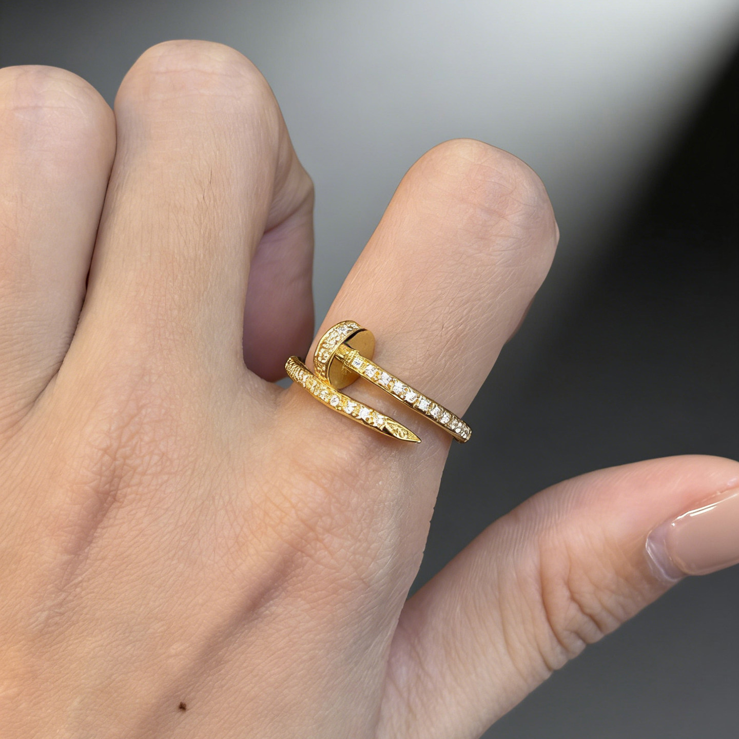 Queyunlai diamond nail ring solid gold 999 open adjustable ring niche simple light luxury high-end sense